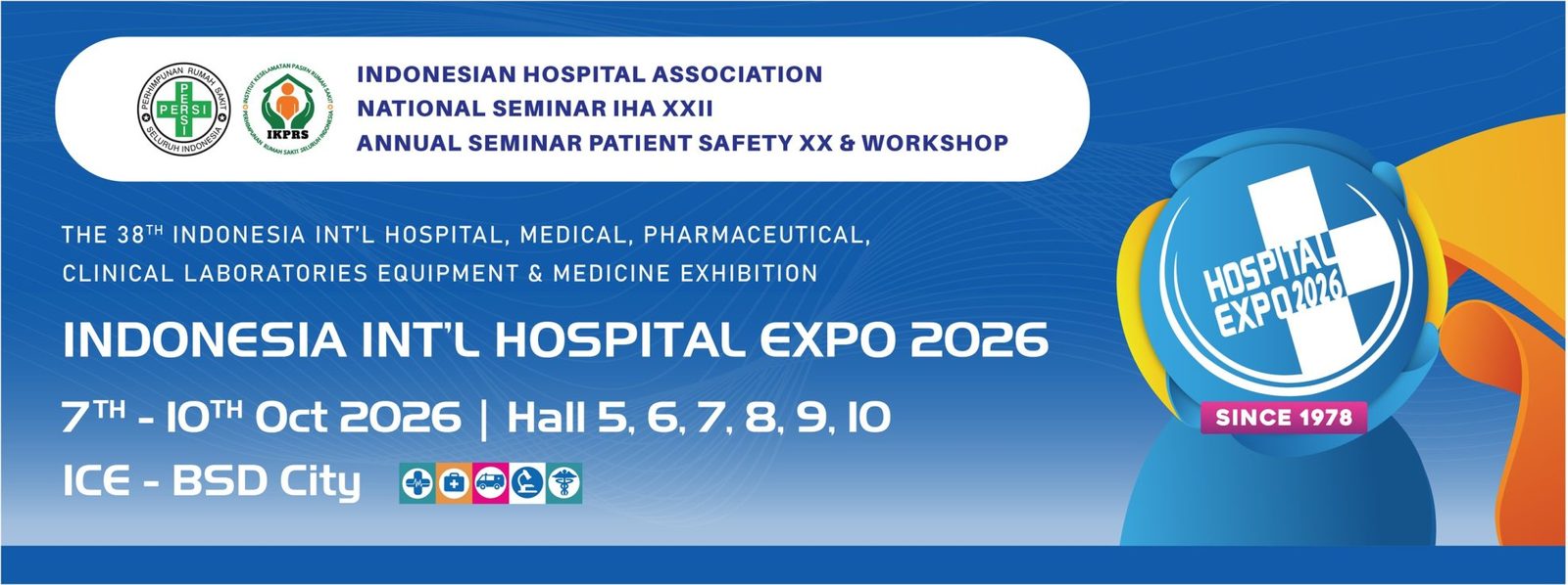 Poster Indonesia Int'l Hospital Expo 2026, 7 sampai 10 Oktober 2026, Hall 5 sampai 10, ICE BSD City